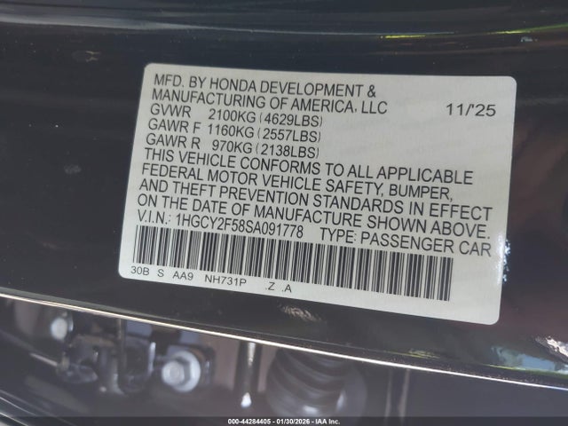 44284405 :رقم المزاد ، 1HGCY2F58SA091778 vin ، 2025 Honda Accord Hybrid Sport مزاد بيع
