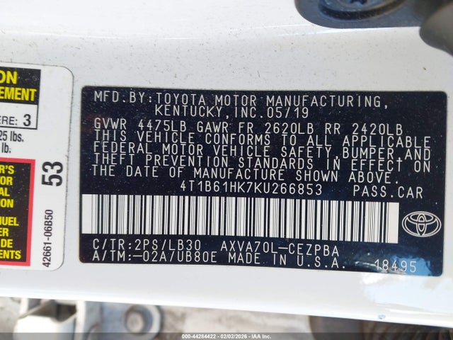 4T1B61HK7KU266853 Toyota CAMRY XSE