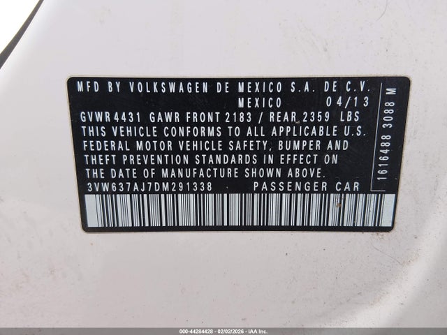 Продажа на аукционе авто 2013 Volkswagen Jetta Hybrid Se, vin: 3VW637AJ7DM291338, номер лота: 44284428