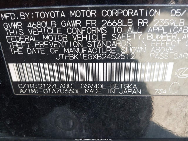 Продаж на аукціоні авто 2011 Lexus Es 350, vin: JTHBK1EGXB2452512, номер лоту: 44284460