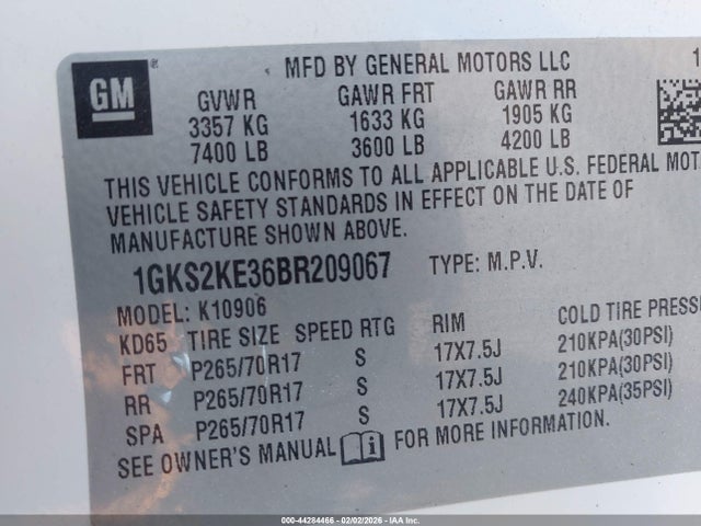 44284466 :رقم المزاد ، 1GKS2KE36BR209067 vin ، 2011 Gmc Yukon Xl 1500 Slt مزاد بيع