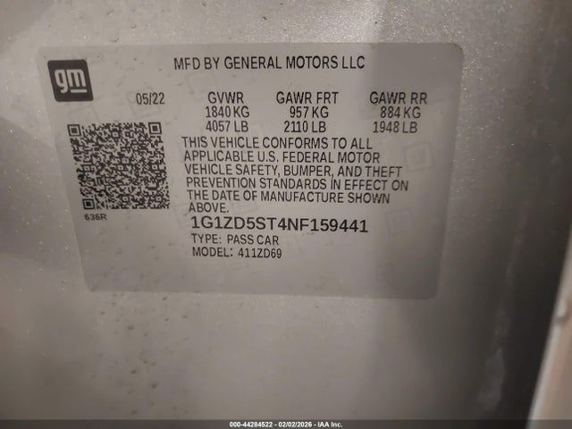Aukcja sprzedaży 2022 Chevrolet Malibu Fwd Lt, vin: 1G1ZD5ST4NF159441, numer aukcji: 44284522