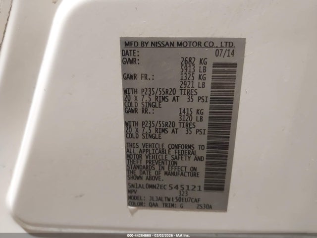 Aukcja sprzedaży 2014 Infiniti Qx60, vin: 5N1AL0MN2EC545121, numer aukcji: 44284665