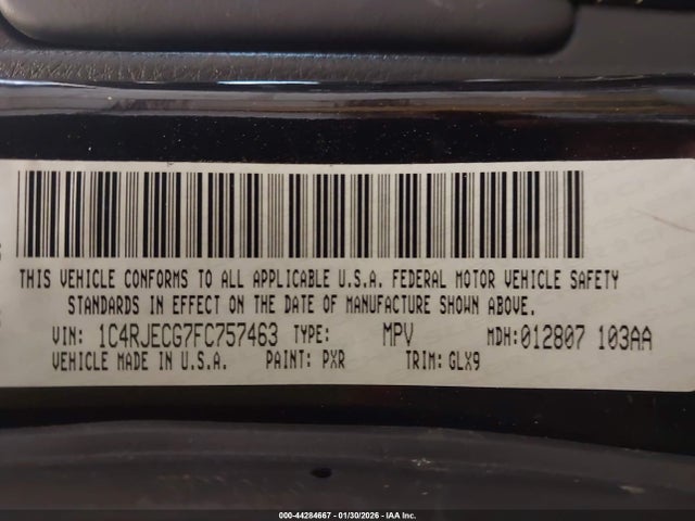 2015 Jeep Grand Cherokee Overland მანქანა იყიდება აუქციონზე, vin: 1C4RJECG7FC757463, აუქციონის ნომერი: 44284667
