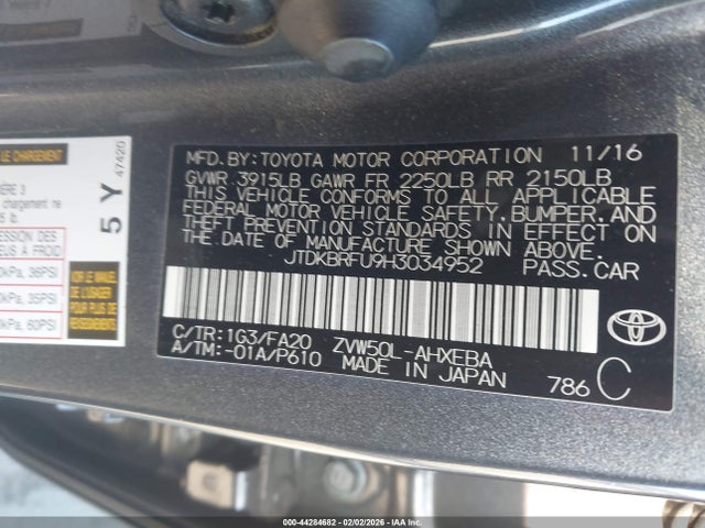 JTDKBRFU9H3034952 Toyota Prius Two