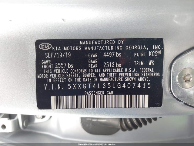 Auction sale of the 2020 Kia Optima Lx, vin: 5XXGT4L35LG407415, lot number: 44284760