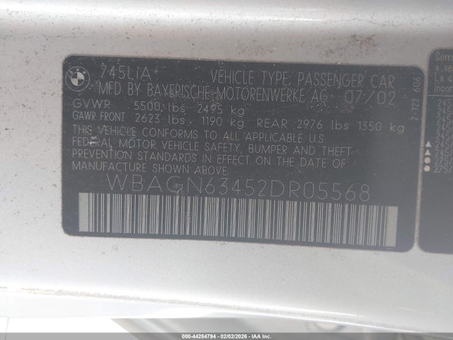 44284794 :رقم المزاد ، WBAGN63452DR05568 vin ، 2002 Bmw 745li مزاد بيع