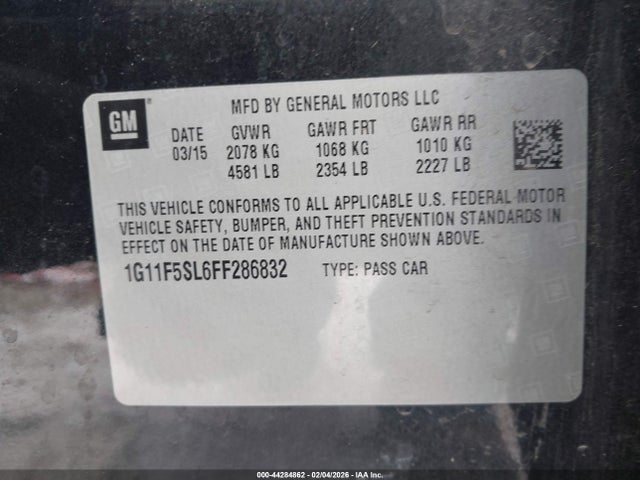 Продажа на аукционе авто 2015 Chevrolet Malibu 1lz, vin: 1G11F5SL6FF286832, номер лота: 44284862