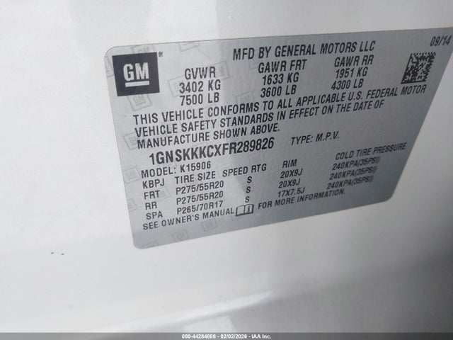 Продаж на аукціоні авто 2015 Chevrolet Suburban 1500 Ltz, vin: 1GNSKKKCXFR289826, номер лоту: 44284888