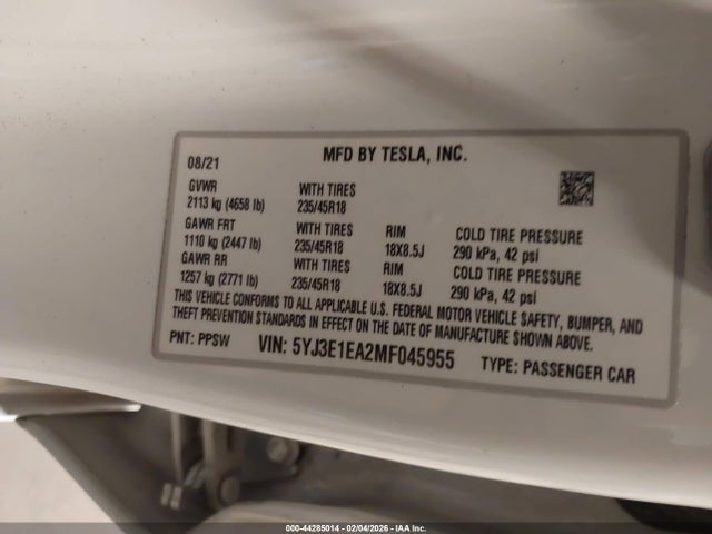 Aukcja sprzedaży 2021 Tesla Model 3 Standard Range Plus Rear-wheel Drive, vin: 5YJ3E1EA2MF045955, numer aukcji: 44285014