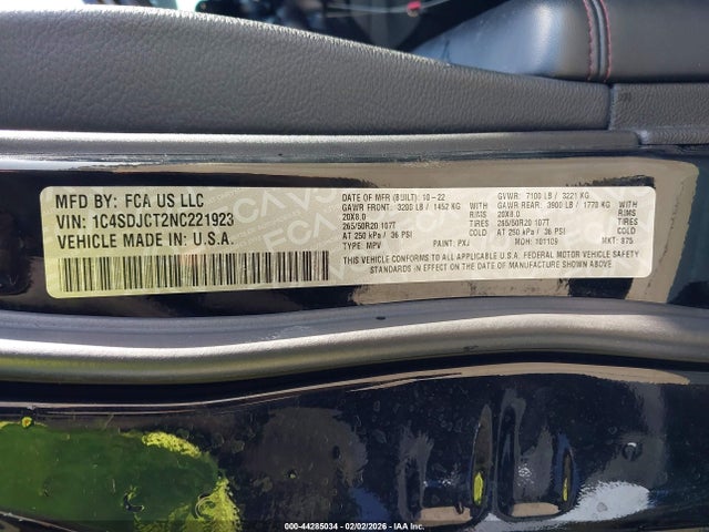 Aukcja sprzedaży 2022 Dodge Durango R/t Awd, vin: 1C4SDJCT2NC221923, numer aukcji: 44285034