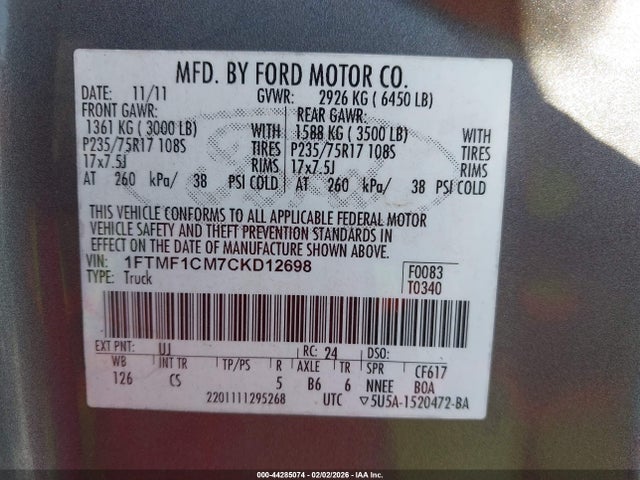 2012 FORD F-150 1FTMF1CM7CKD12698 Photo 8