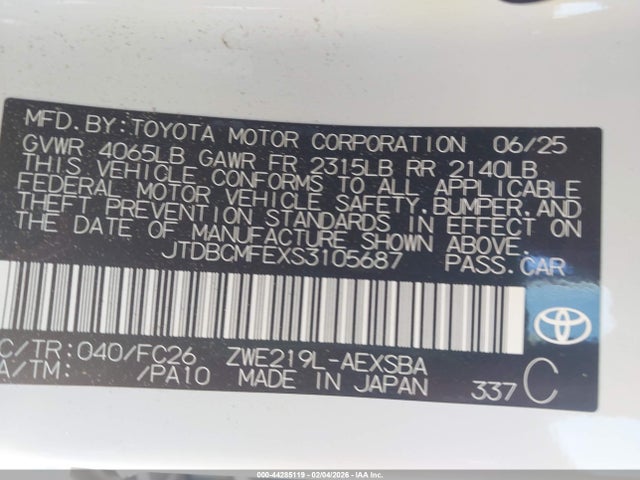 JTDBCMFEXS3105687 Toyota Corolla Hybrid Se