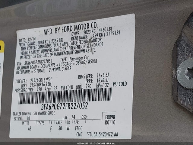 Ford FUSION S 2015 3FA6P0G72FR227052 Image 9