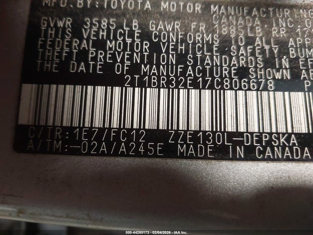 2007 TOYOTA COROLLA 2T1BR32E17C806678 Photo 8