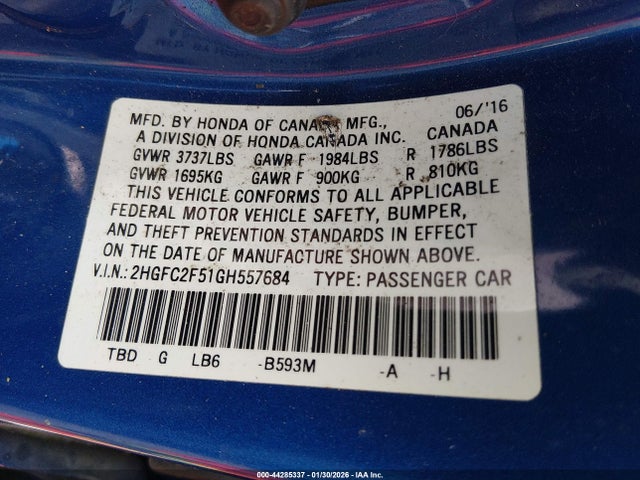 Honda Civic Lx 2016 2HGFC2F51GH557684 Image 9