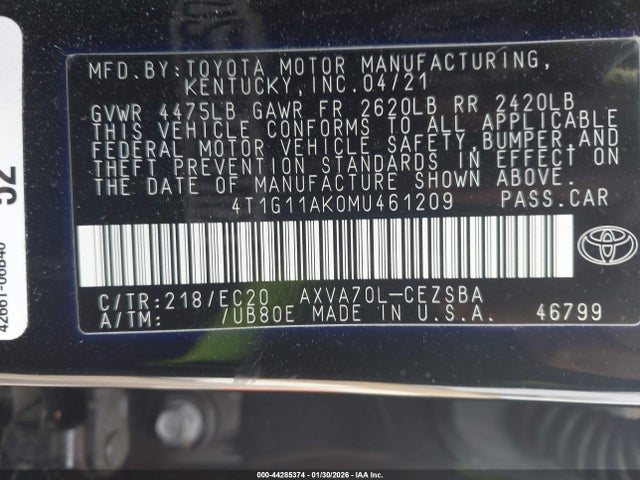 4T1G11AK0MU461209 Toyota Camry Se Nightshade Edition
