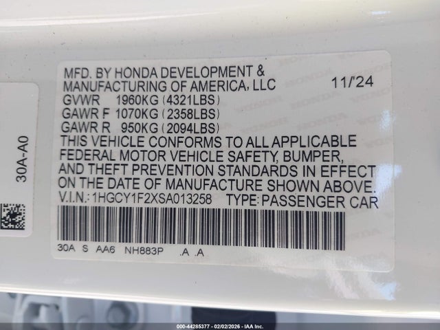 2025 Honda Accord Lx მანქანა იყიდება აუქციონზე, vin: 1HGCY1F2XSA013258, აუქციონის ნომერი: 44285377