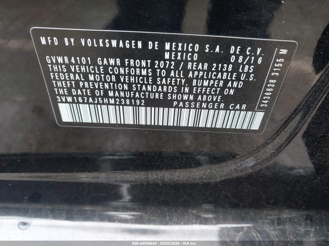 Aukcja sprzedaży 2017 Volkswagen Jetta 1.4t S, vin: 3VW167AJ5HM238192, numer aukcji: 44285442
