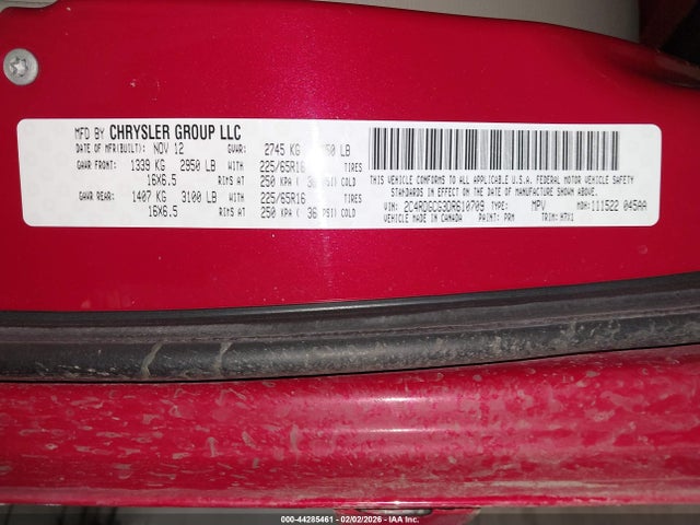 44285461 :رقم المزاد ، 2C4RDGCG3DR610709 vin ، 2013 Dodge Grand Caravan Sxt مزاد بيع