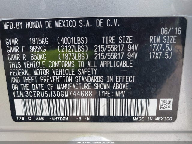 3CZRU5H30GM744688 Honda HR-V LX