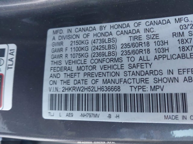Honda Cr-v Awd Ex 2020 2HKRW2H52LH636668 Image 9