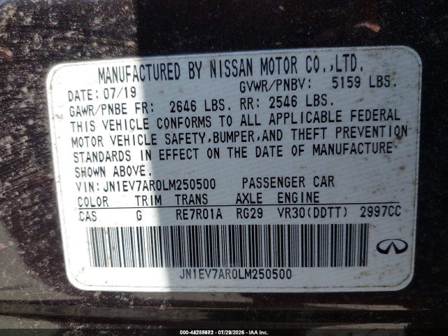 Aukcja sprzedaży 2020 Infiniti Q50 Luxe Awd, vin: JN1EV7AR0LM250500, numer aukcji: 44285672