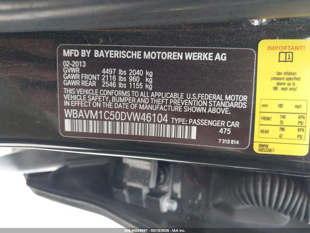 2013 Bmw X1 Sdrive28i მანქანა იყიდება აუქციონზე, vin: WBAVM1C50DVW46104, აუქციონის ნომერი: 44285697