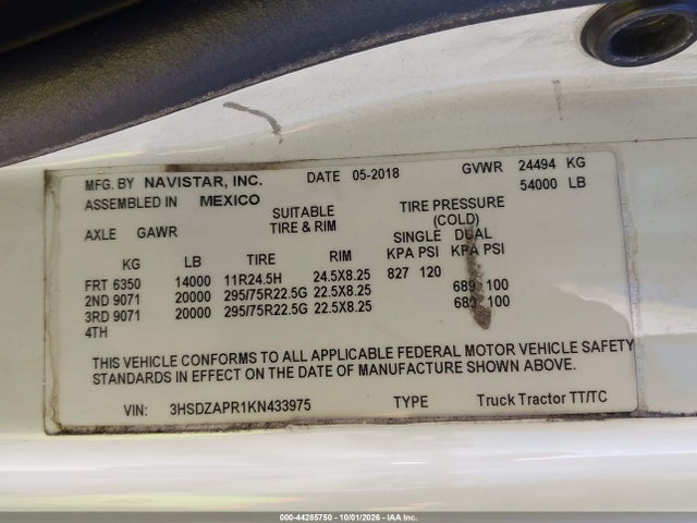 Продаж на аукціоні авто 2019 International Lt, vin: 3HSDZAPR1KN433975, номер лоту: 44285750