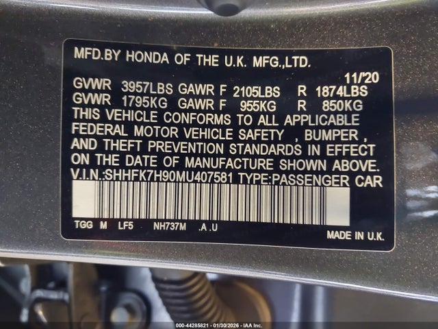 SHHFK7H90MU407581 Honda Civic Sport Touring