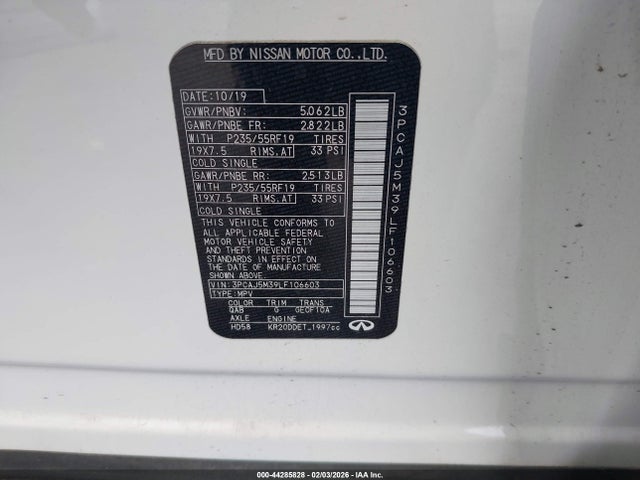 Aukcja sprzedaży 2020 Infiniti Qx50 Essential Awd, vin: 3PCAJ5M39LF106603, numer aukcji: 44285828