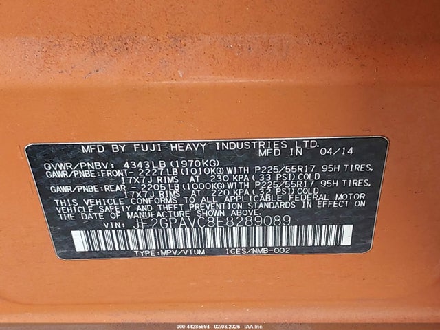 Aukcja sprzedaży 2014 Subaru Xv Crosstrek 2.0i Premium, vin: JF2GPAVC8E8289089, numer aukcji: 44285994