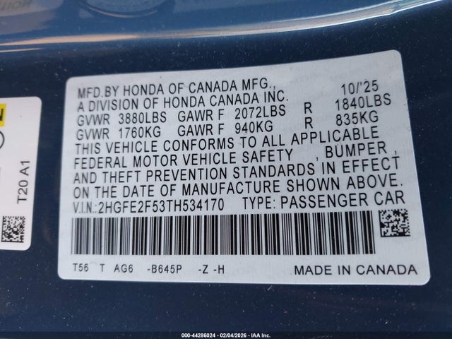 Honda Civic Sport 2026 2HGFE2F53TH534170 Image 9