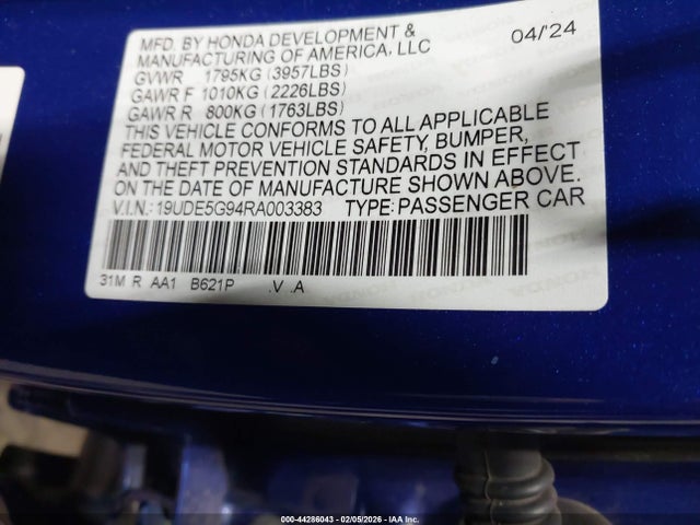 Продаж на аукціоні авто 2024 Acura Integra Type S, vin: 19UDE5G94RA003383, номер лоту: 44286043