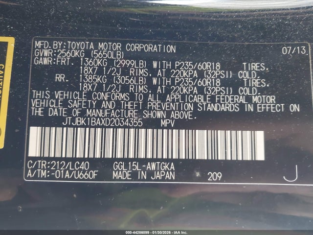 44286099 :رقم المزاد ، JTJBK1BAXD2034355 vin ، 2013 Lexus Rx 350 مزاد بيع