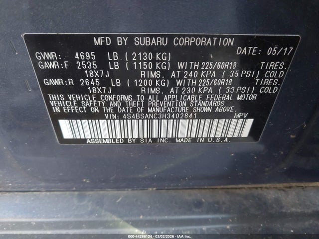 Subaru Outback 2.5i Limited 2017 4S4BSANC3H3402841 Image 9