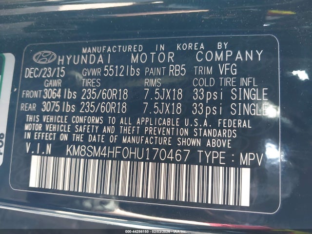 KM8SM4HF0HU170467 Hyundai Santa Fe Se