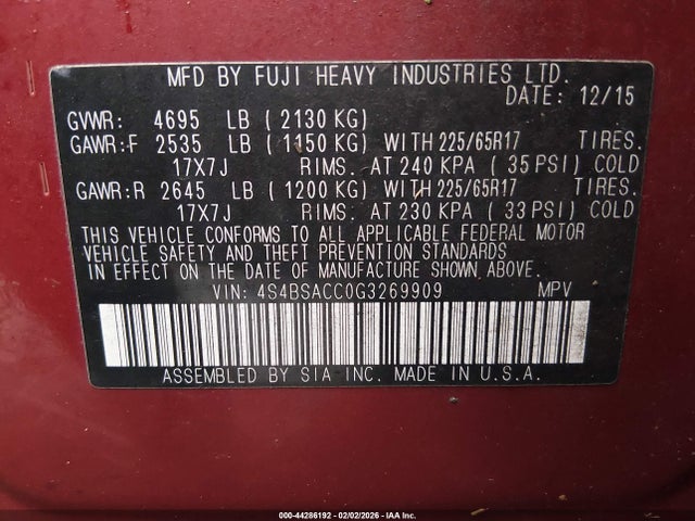 Subaru Outback 2.5i Premium 2016 4S4BSACC0G3269909 Image 9
