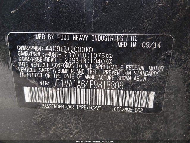 Subaru WRX 2015 JF1VA1A64F9818806 Image 9