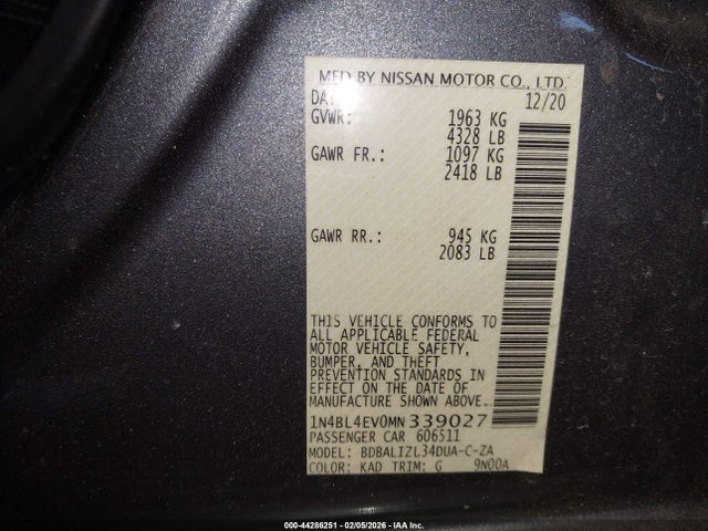 Продажа на аукционе авто 2021 Nissan Altima Sl Fwd, vin: 1N4BL4EV0MN339027, номер лота: 44286251
