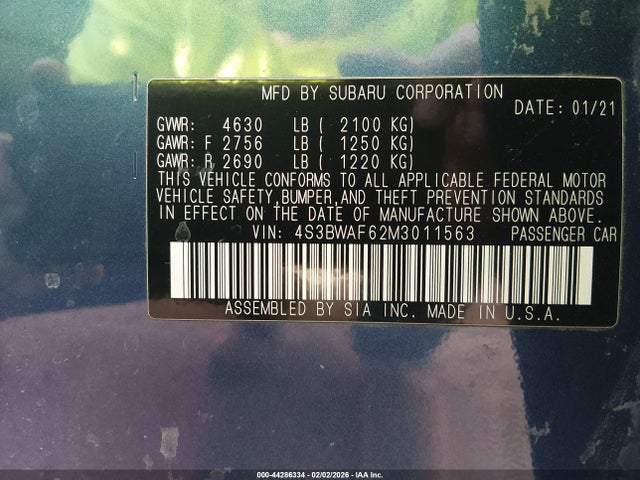 Auction sale of the 2021 Subaru Legacy Premium, vin: 4S3BWAF62M3011563, lot number: 44286334