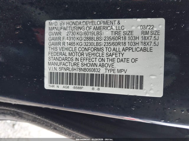 2022 HONDA ODYSSEY 5FNRL6H78NB060832 Photo 8