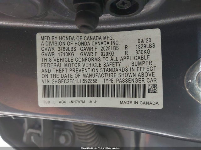 44286410 :رقم المزاد ، 2HGFC2F81LH592858 vin ، 2020 Honda Civic Sport مزاد بيع