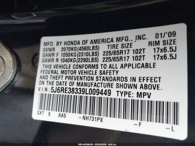Aukcja sprzedaży 2009 Honda Cr-v Lx, vin: 5J6RE38339L009449, numer aukcji: 44286439