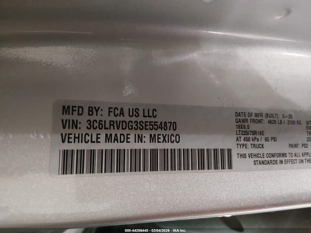 Продаж на аукціоні авто 2025 Ram Promaster 2500 Slt High Roof 159 Wb, vin: 3C6LRVDG3SE554870, номер лоту: 44286440