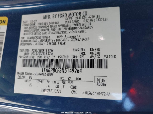 Продажа на аукционе авто 2022 Ford Mustang Gt Fastback, vin: 1FA6P8CF3N5149264, номер лота: 44286623