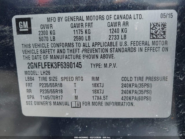 2GNFLFEK3F6390145 Chevrolet EQUINOX 1LT