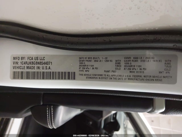 2022 Jeep Grand Cherokee L Limited 4x4 მანქანა იყიდება აუქციონზე, vin: 1C4RJKBG8N8544071, აუქციონის ნომერი: 44286666