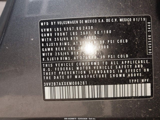 2019 VOLKSWAGEN TIGUAN 3VV2B7AXXKM086281 Photo 8