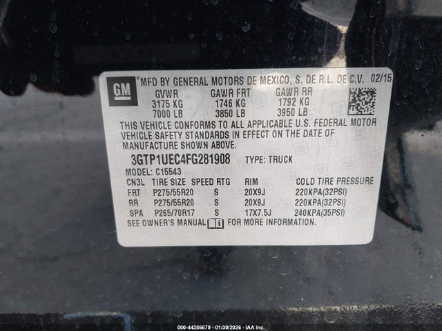 2015 Gmc Sierra 1500 Sle მანქანა იყიდება აუქციონზე, vin: 3GTP1UEC4FG281908, აუქციონის ნომერი: 44286679